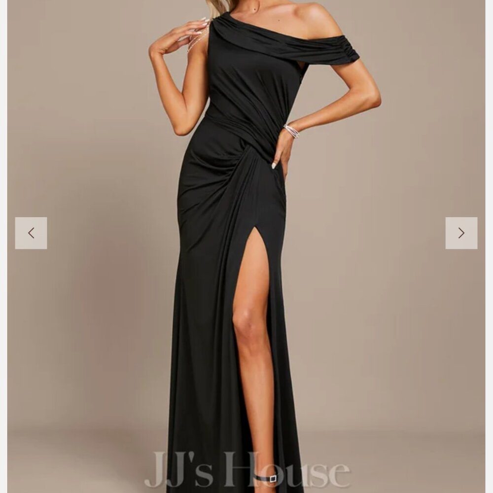 ROYAL BLUE Asymmetrical Floor-Length Jersey Evening Dress With Beaded Sleeve